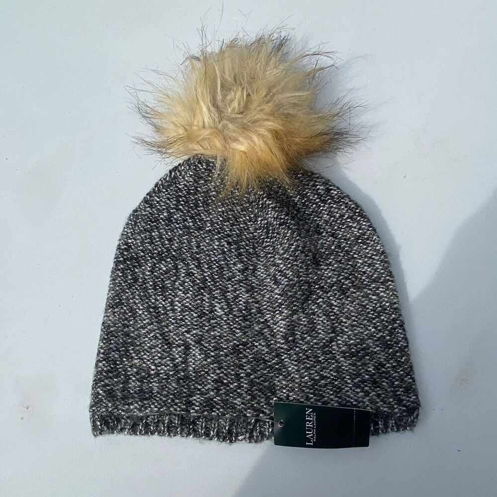 Lauren Ralph Lauren Metallic Gray Beanie Ran Pom Pom New NWT One size OS